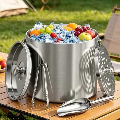 Ice Bucket, Ice Bucket with Lid Ice Tong Ice Scoop and Strainer for Cocktail Parties 3L Stainless Steel Insulated Ice Bucket Double Wall Keeps Ice Cold&Dry for Home Bar Beer Champagne