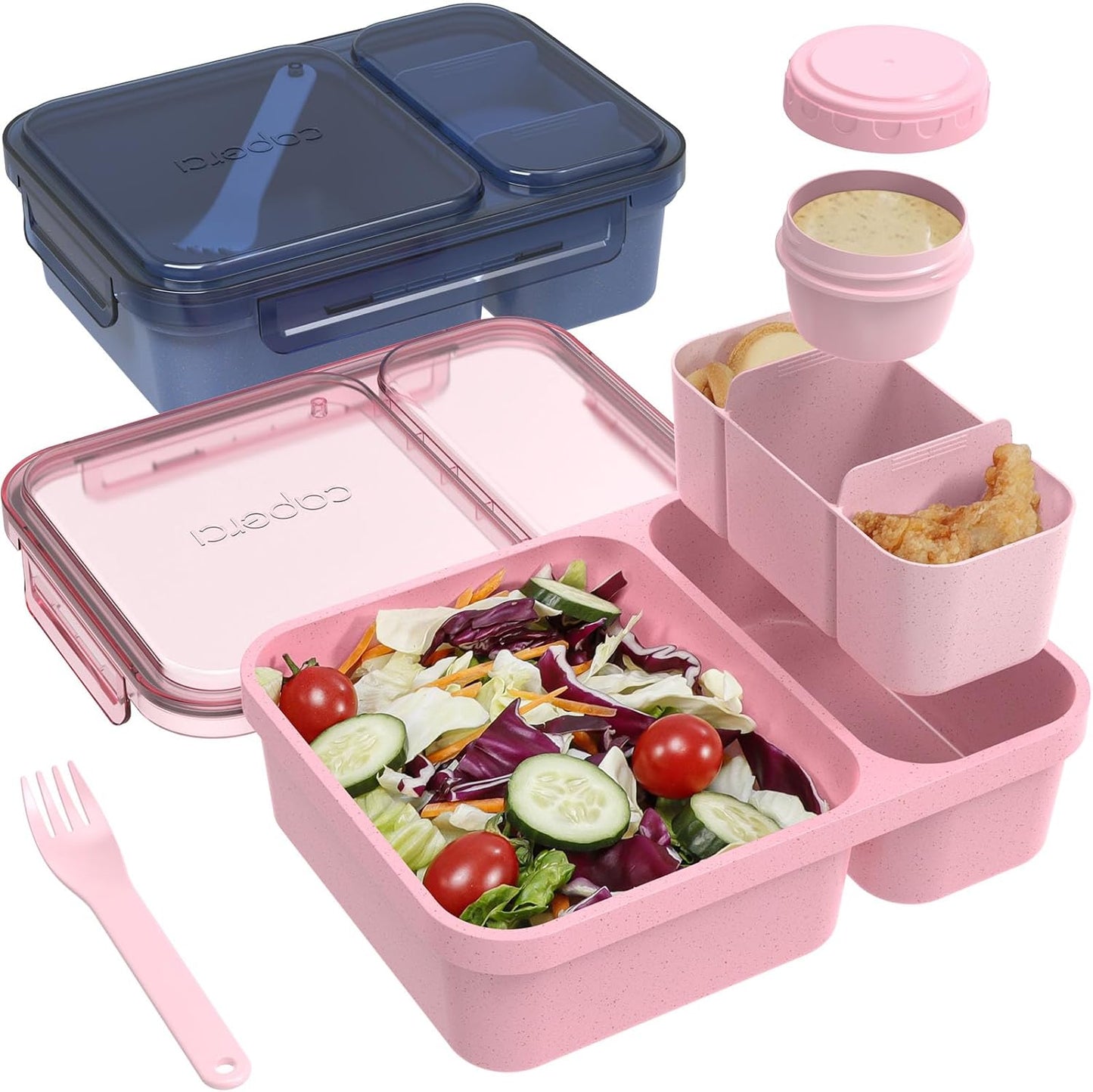 Caperci 2 Pack Salad Container for Lunch - 62 oz Large Bento Lunch Box for Adults, 2-Compartment Meal Prep Container with Removable Toppings Tray, Sauce Cup, Reusable Fork, BPA-Free (Purple & Green)