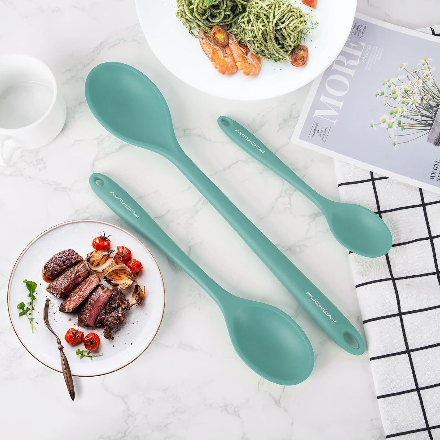 3 Pcs Silicone Spoons Set of 7.9 10.6 14.2 inch for Cooking, Heat Resistant Kitchen Spoons for Mixing, Stirring, and Serving, Small to Large Non Stick (Green)
