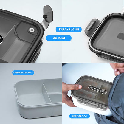 Bento Box Adult Lunch Box, 3 Compartment Meal Prep Containers with Lids, Clear Lunch Box Containers for Adults Men Women, Food Storage Containers - Microwave, Dishwasher Safe (Gray-Solid)