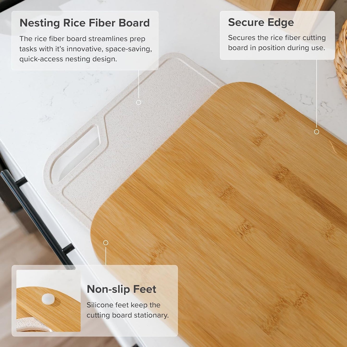 KitchenEdge Premium Acacia Cutting Board with Nesting Rice Fiber Chopping Board for Cooking Prep, 2 Piece Kitchen Set, Non-Slip Feet with Juice Groove, Heavy Duty, Pre Oiled, 17” x 12.5”