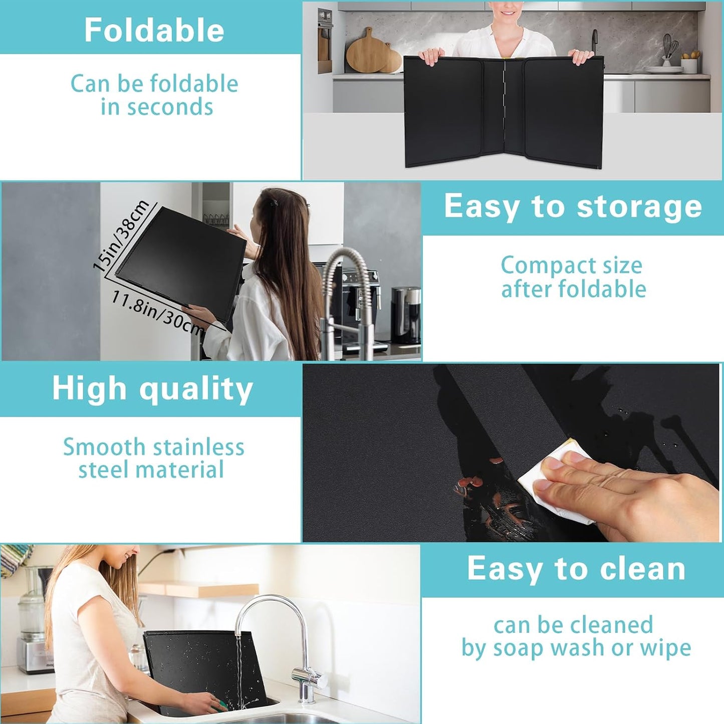 4 Sided Oil Splatter Guard Grease Splatter Guard Stove Splatter Guard, Splatter Guards Splatter Screen for Frying Pan,Large Foldable Splash Guard for Stove Top, Upgrade Steel Anti Splatter Shield,30CM