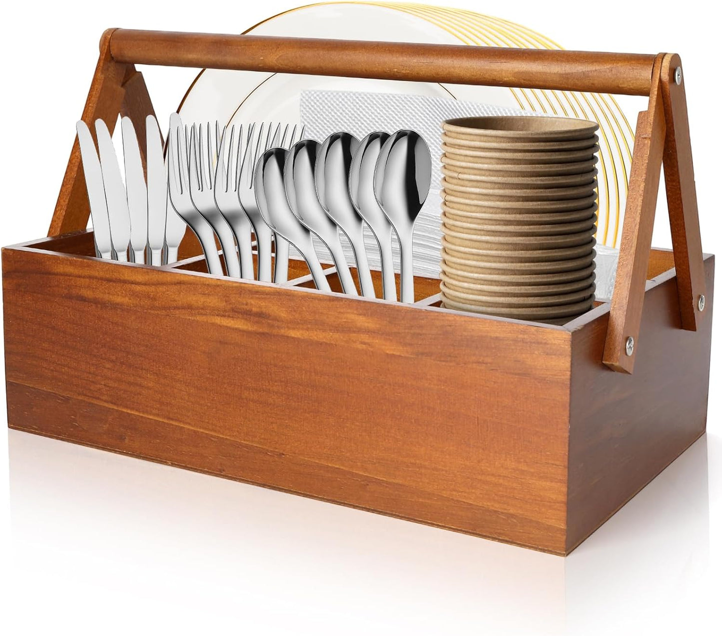 6 Compartments Paper Plate Organizer with Handle for Countertop, Wood Silverware Caddy for Cup, Napkin, Fork and Spoon, Dispenser Stand and Utensil Holder, Cutlery Caddy for Party, Camping, Picnic