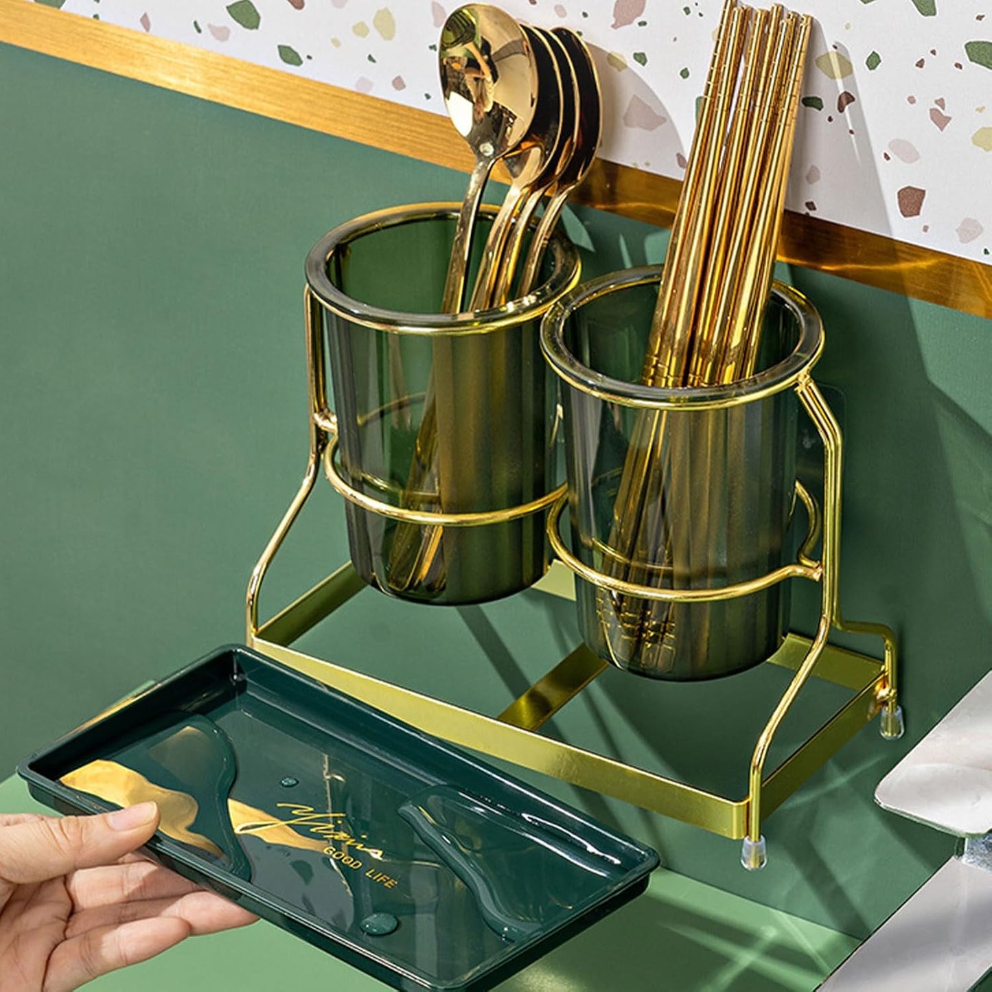 Dxcaicc 2-Piece Tableware Caddy with Metal Rack, Flatware Caddy and Cutlery Storage Organizer for Kitchen and Table
