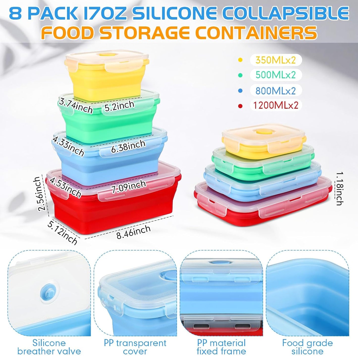 Mifoci Set of 8 Silicone Collapsible Bowls for Camping with Vent Lid Silicone Storage Containers for Food Meal Preparation Square Bowl Microwave Freezer Dishwasher Safe(Blue,17 Oz/ 500 ml)