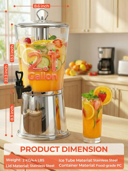 Beverage Dispenser With Stand, Stainless Steel Drink Dispenser for Parties, 2 Gallons drink dispenser with Ice Core & Spigot, Clear Acrylic Water Juice Jug for Home, Buffet, Weddings & Outdoor Events