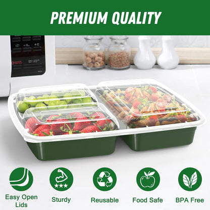 50 Pack (100-Piece) 32 oz Meal Prep Containers Reusable with Lids 3-Compartment, To Go Take Out Plastic Food Storage Containers, Sturdy Leakproof Food Safe, Microwave Freezer Dishwasher Safe, Black