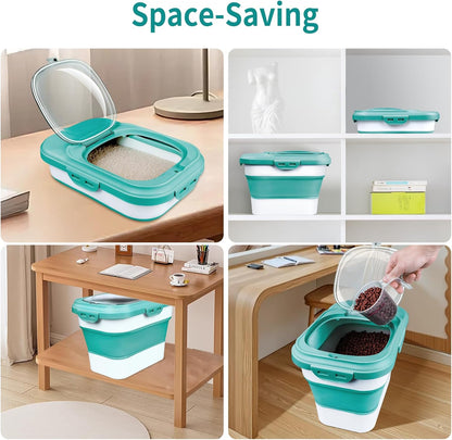 Komzon Rice Storage Container, Collapsible Airtight Food Storage Containers 6-20 Lbs, Rice Dispenser with Measuring Cup and Small Bin for Flour Cereal Pasta Grain, Cat Pet Dog Bird Food Container