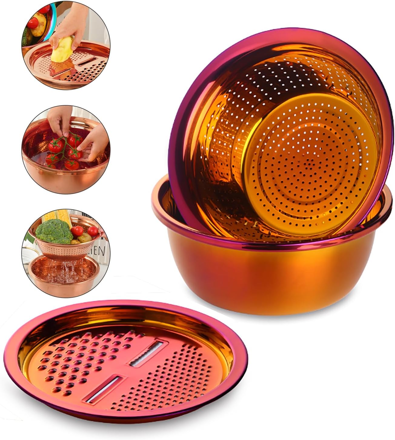 DOCBLACK Colander, 3Pcs Stainless Steel Kitchen Tool 3 in 1 Drain Basket Fruit and Vegetable Cutter Strainer Bowl Set Drain Pot Basket Grater for Fruits Vegetables Rice Washing Mixing - Gold