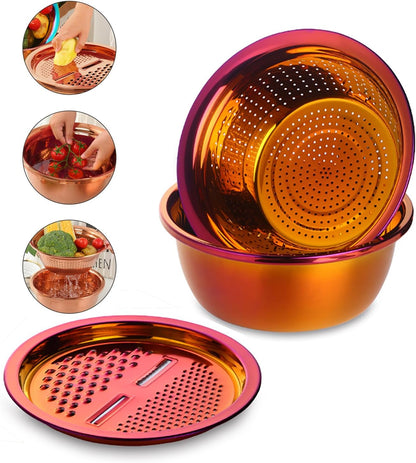 DOCBLACK Colander, 3Pcs Stainless Steel Kitchen Tool 3 in 1 Drain Basket Fruit and Vegetable Cutter Strainer Bowl Set Drain Pot Basket Grater for Fruits Vegetables Rice Washing Mixing - Gold