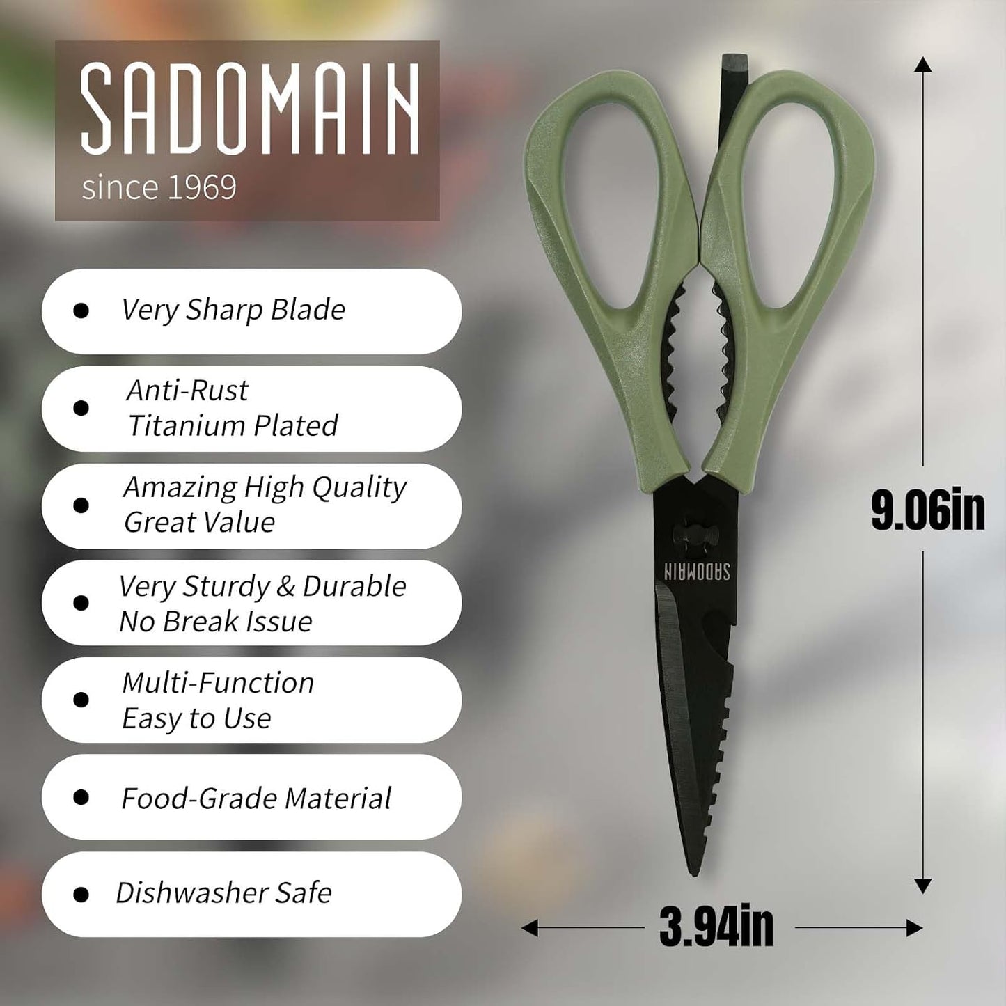 Kitchen Scissors All Purpose, Extra Sharp Kitchen Shears with Knife Sharpener & Sheath, Solid & Durable Stainless Steel Scissors with ANTI-RUST Black Titanium Plated, Dishwasher Safe - Black