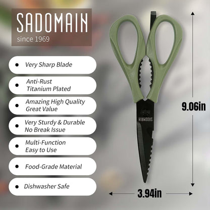 Kitchen Scissors All Purpose, Extra Sharp Kitchen Shears with Knife Sharpener & Sheath, Solid & Durable Stainless Steel Scissors with ANTI-RUST Black Titanium Plated, Dishwasher Safe - Black