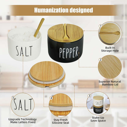 Farmhouse Salt And Pepper Containers,Salt Containers For Countertop,Stacked Ceramic Cellar With Bamboo Lid, Spice Box With Spoon,Seasoning Holder with lid,Ceramic Bowls (B&W H)