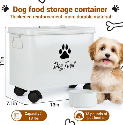 Dog Food Container 13lb, Cute Airtight Pet Food Storage Containers with Metal Lid Scoop, Black Metal Storage Bin for Dog/Cat with Wheels,Easy to Move