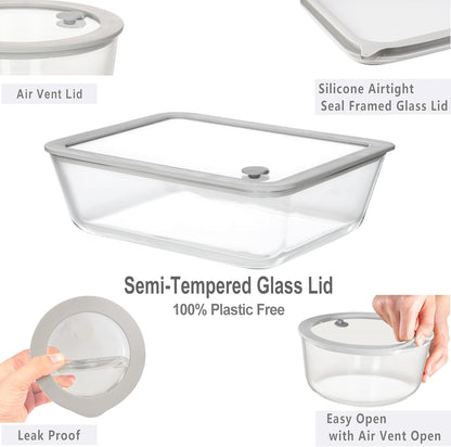 Glass Food Containers with Glass Lid, Microwave Safe Food Storage Container Set, 4 Pack of 35oz, Large Size Airtight Storage Set with Leak Proof Lids, Meal Prep Containers