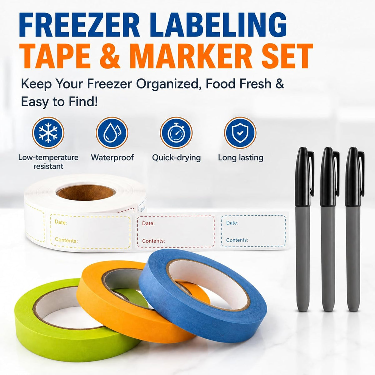 Resurhang Freezer Label Kit for Food Storage Includes 500 Pcs Waterproof Removable Food Labels 3/4 Inch x 55 Yd, 3 Rolls Masking Tape, 3 Marker Pens for Kitchens Refrigerator Meal Prep(White)