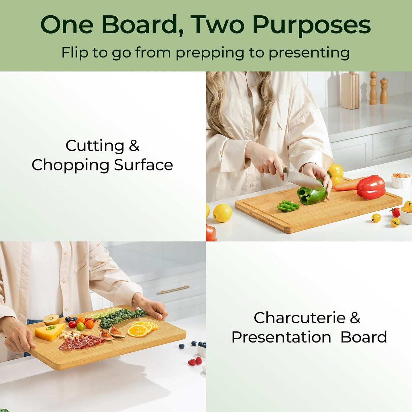 Keechee Wood Cutting Board for Kitchen - Reversible Bamboo Cutting Boards Gift Set of 3 with Juice Groove, Wooden Chopping Board for Meat, Fruit, Vegetables & Cheese (Pre Oiled, Natural)