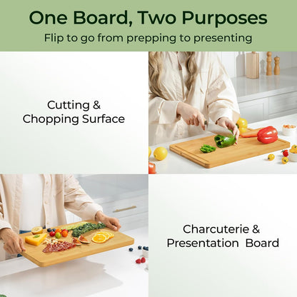Keechee Wood Cutting Board for Kitchen - Reversible Bamboo Cutting Boards Gift Set of 3 with Juice Groove, Wooden Chopping Board for Meat, Fruit, Vegetables & Cheese (Pre Oiled, Natural)