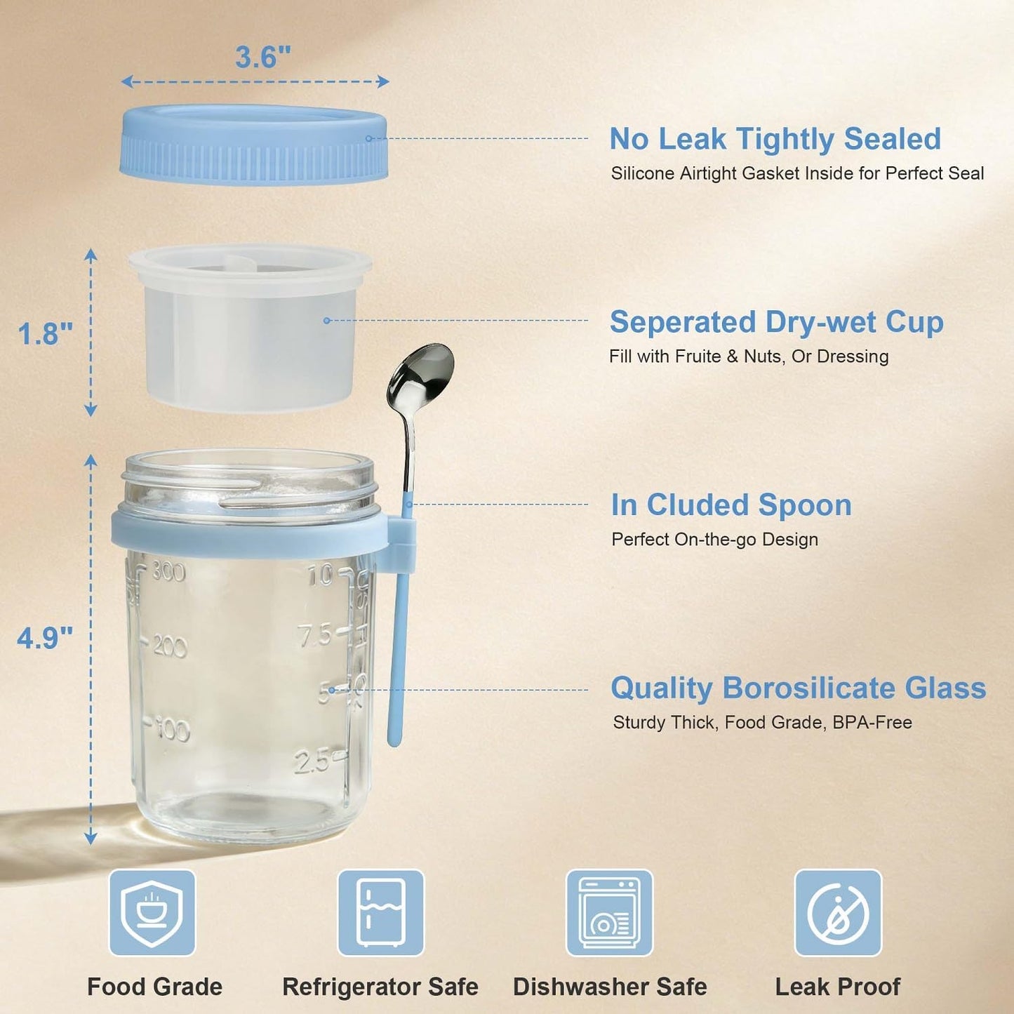Overnight Oats Containers with Lids and Spoons - 4 Pack 16 oz Glass Mason Jars with Separate Compartments Airtight Overnight Oat Jars Leakproof Yogurt Parfait Cup for Oatmeal Chia Pudding Cereal Salad