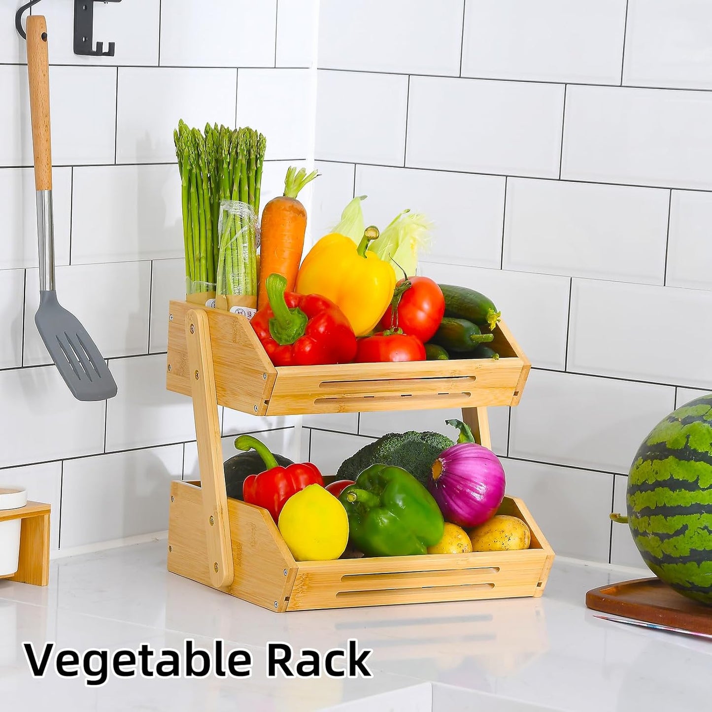 VIKEYHOME Fruit Basket, 2 Tier Bamboo Fruit Basket for Kitchen, 11" Tall Fruit Stand Storage Holder, Heavy Duty/Large Capacity for Vegetables, Fruit, and Snack, 15 mm Thickness (Self-assembly)