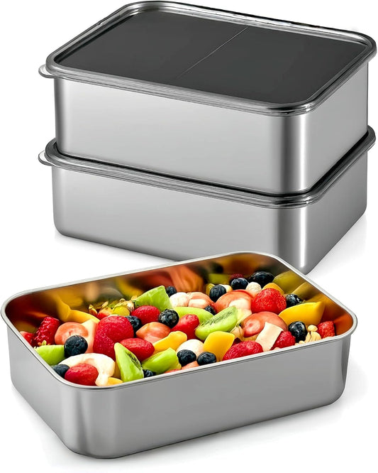 Stainless Steel Food Storage Containers with Leak-Proof Silicone Lid, Set of 3(32oz), Reusable Bento Lunch box for Snacks & Meal Prep, Oven/Dishwsher/Freezer Safe