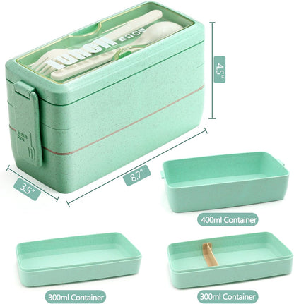 Bento Box Japanese Lunch Box Kit Leakproof Bento Lunch Box for Kids Adults Wheat Straw 3 Layer Stackable Lunch Containers with Compartment Eco-Friendly Meal Prep Containers (Beige)