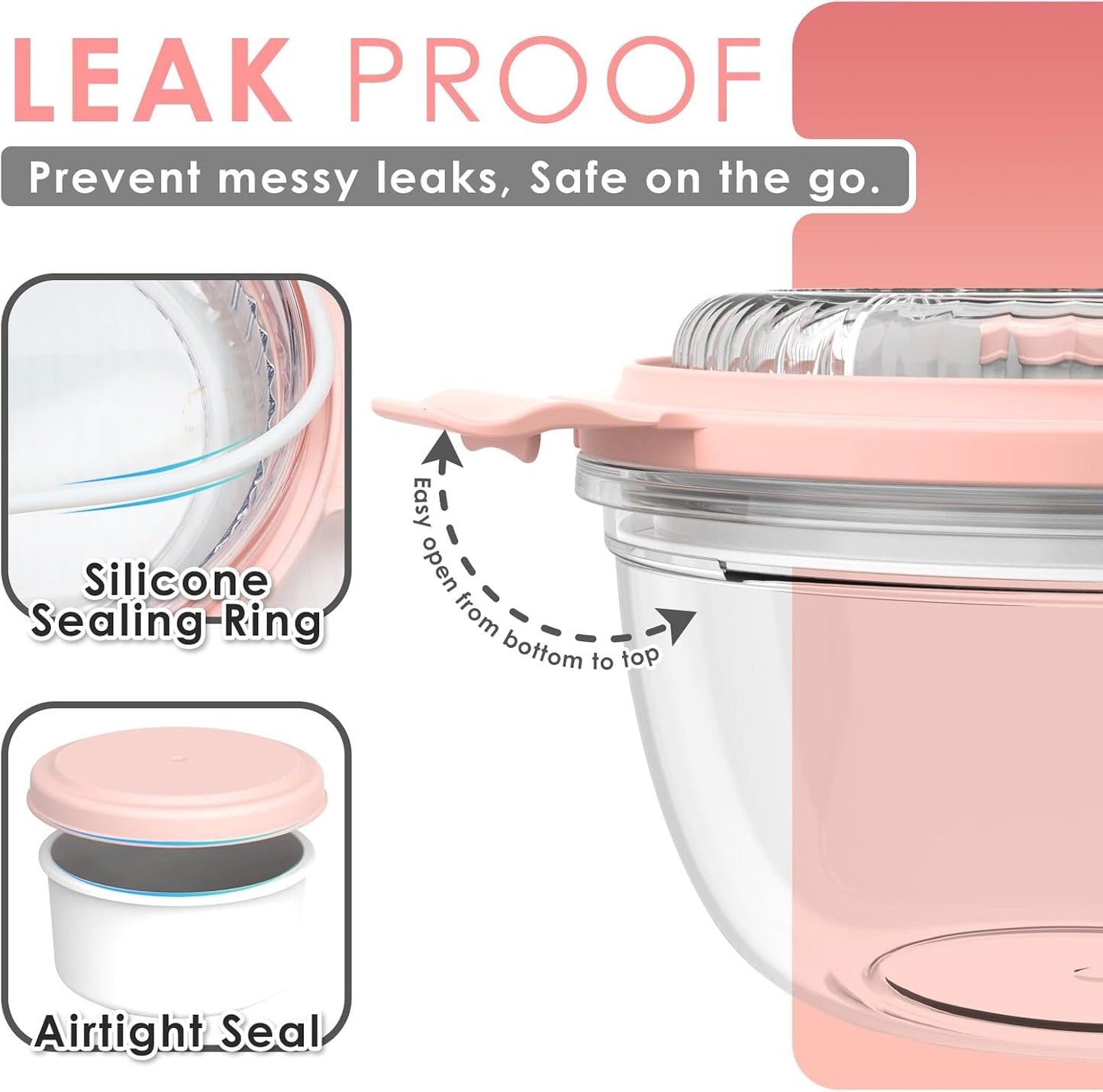 WHALEHOUSE Clear Eco-friendly SK chemicals ECOZEN Salad Container, 33OZ Portable Plastic Salad Bowls with Lid & Snack Tray, Leak-Proof Dressing Container, Reusable Fork, Lunch Box for Meal Prep (Pink)