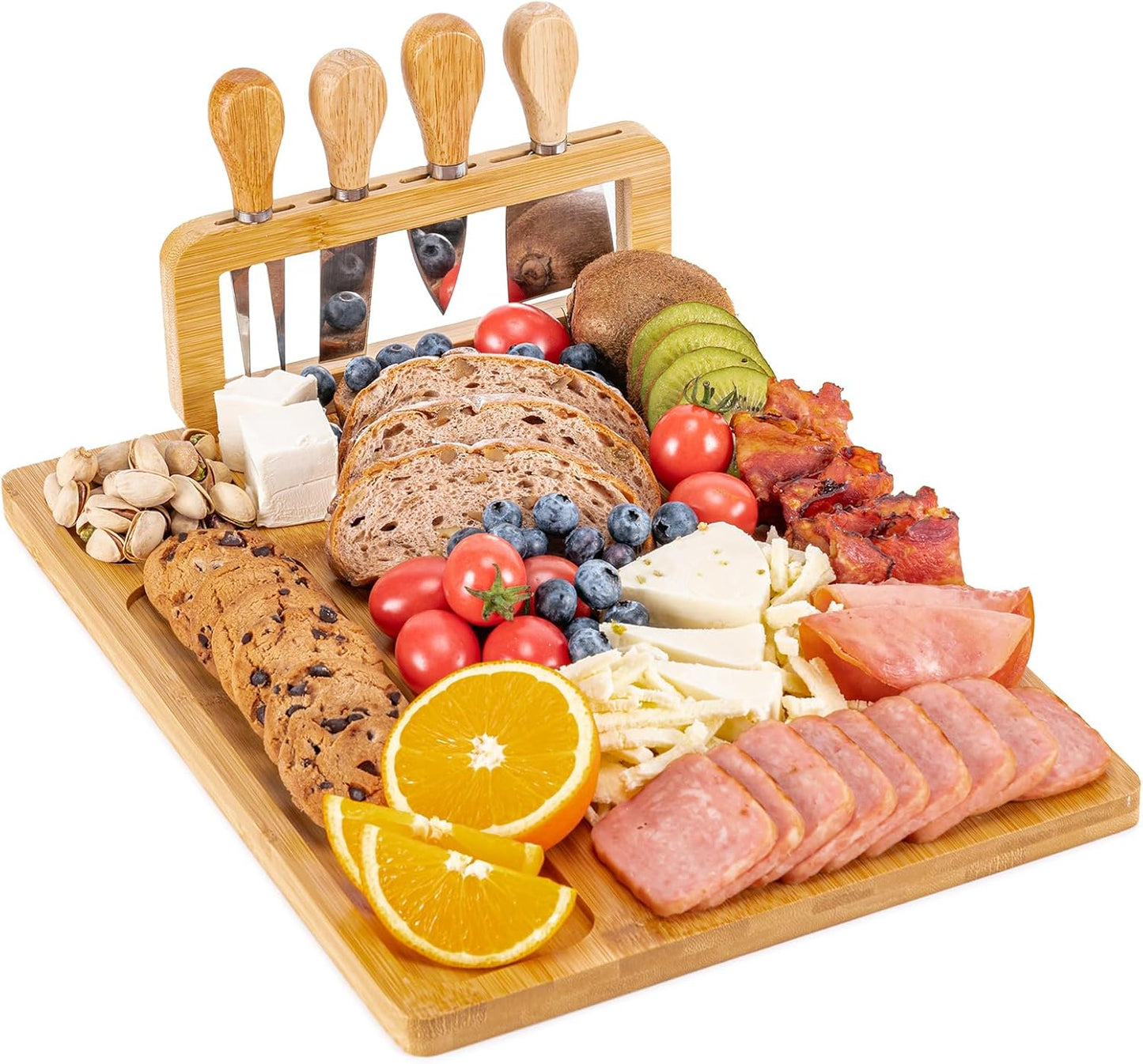 AISOSO Charcuterie Boards, Personalized Bamboo Cheese Board Set with 4 Cheese Knife, Lightweight and Elegant Serving Platter Accessories for Entertaining Party Picnic, Housewarming and Wedding