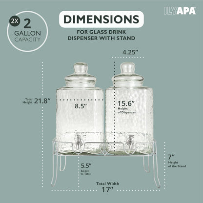 Ilyapa Glass Drink Dispensers for Parties with Stand - 2 Pack, 2 Gallon Double Beverage Dispenser with Wood Tops & Black Stainless Spigots