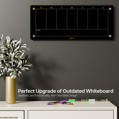 Clear Glass Weekly Dry Erase Calendar & Menu Non-Magnetic Whiteboard for Wall, Meal Plan & Grocery List White Board for Kitchen, 15x11, 7 Days Home Planner, 4 Wet Erase Markers Included, Yeoux