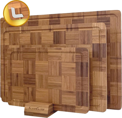 SliceElite Extra Large Bamboo Cutting Board Set 3 Piece End Grain Wooden Chopping Boards with Holder Non Slip Feet Juice Groove XL Butcher Block Style Boards for Kitchen Carving and Serving