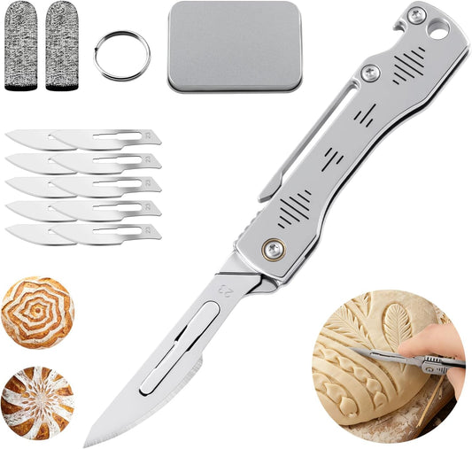 Folding Scalpel Knife, 10pcs Replaceable #23 Blades, Bottle Opener & Clip