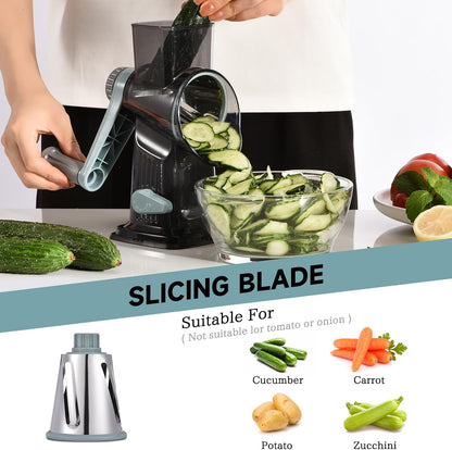 Rotary Cheese Grater with Handle Kitchen Shredder Slicer Grater Slicer Ice Shaver Cheese Vegetable Nuts Potato Zucchini Chocolate 3 Interchangeable Blades (GreyBlue