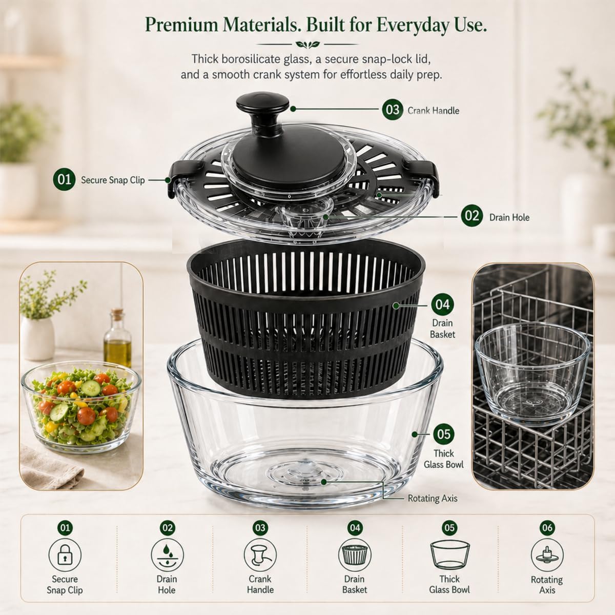 Large 5.2 Qt Glass Salad Spinner with Storage Lid Glass Bowl Black