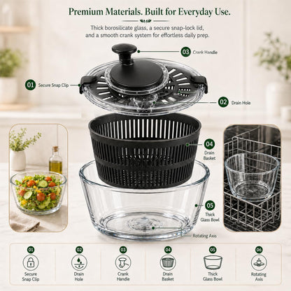 Large 5.2 Qt Glass Salad Spinner with Storage Lid Glass Bowl Black