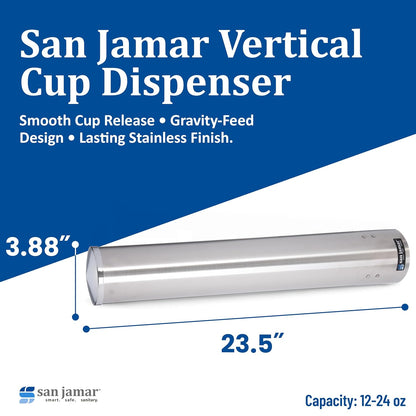 San Jamar 23.5" Pull Type Cup Dispenser – Stainless Steel 12 to 24 Oz Cup Holder with Flip Cap for Restaurants, Dining Halls, Fast Food Beverage Stations, Silver