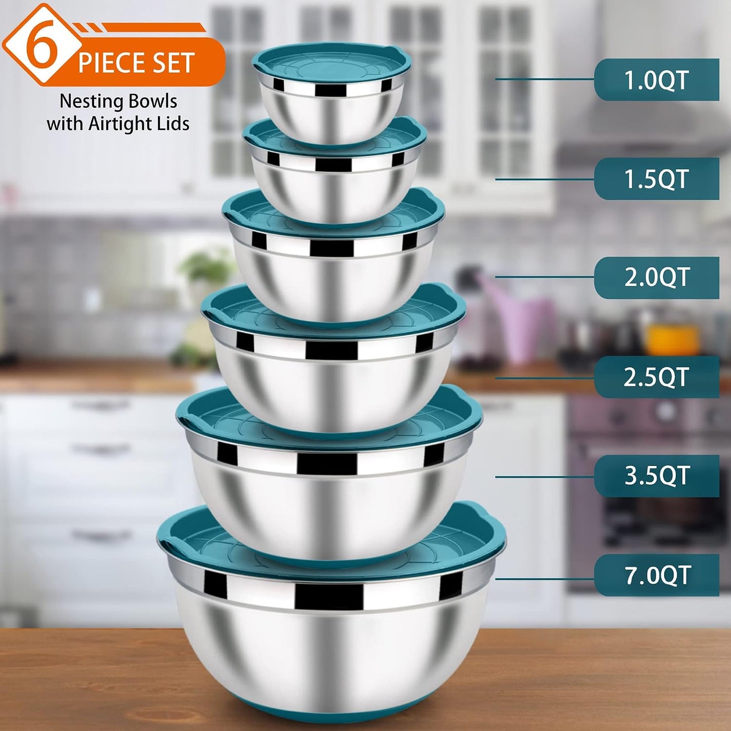 LIANYU Stainless Steel Mixing Bowls Sets of 6, Large 7, 3.5, 2.5, 2, 1.5, 1QT Size with Transparent Airtight Lids, Metal Nesting Serving Bowl Sets for Home Kitchen, Dishwasher & Freezer Safe, Black