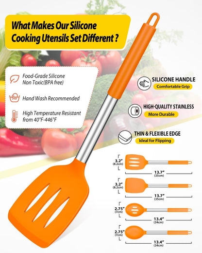 Pack of 4 Silicone Cooking Utensils Set, Non Stick Large Solid Spatulas, Heat Resistant Black Slotted Spoons, Ideal BPA Free Kitchen Turners for Frying, Mixing,Serving,Draining,Turning,Stirring