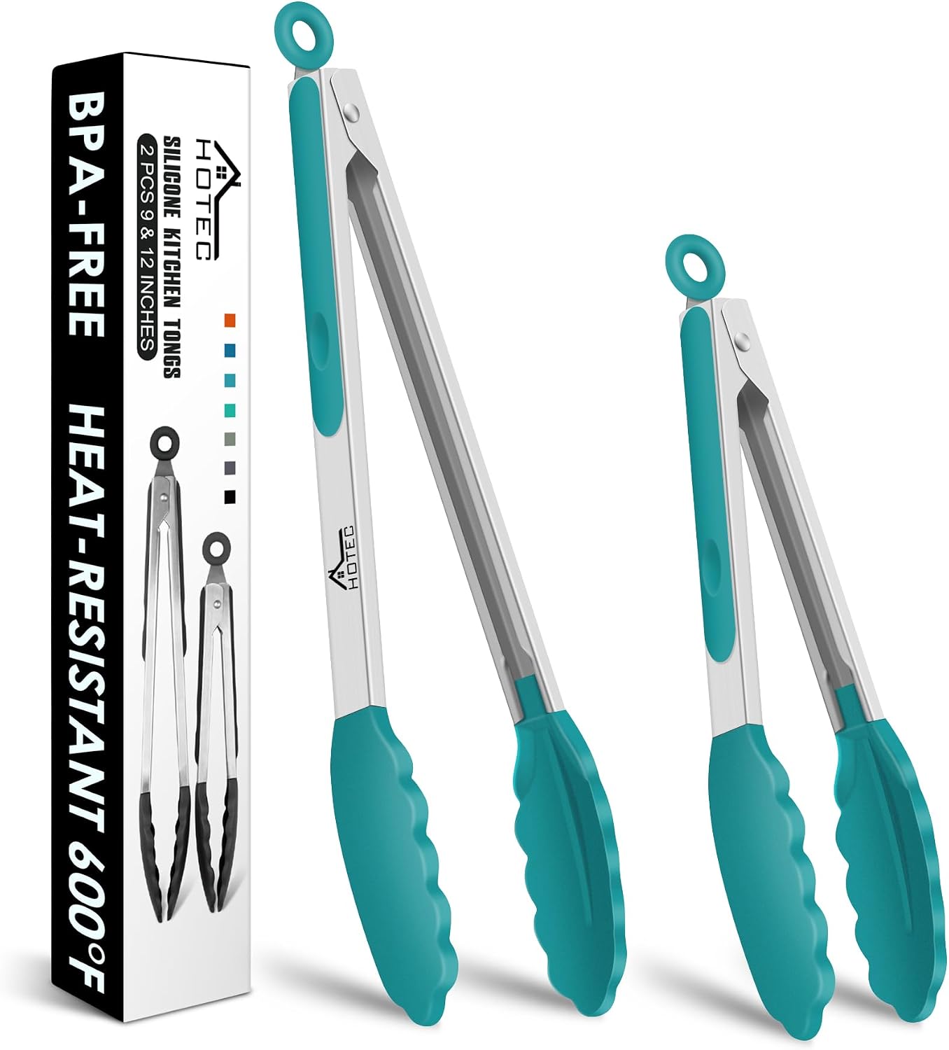 HOTEC Premium Stainless Steel Locking Kitchen Tongs with Silicon Tips, Set of 2-9" and 12"