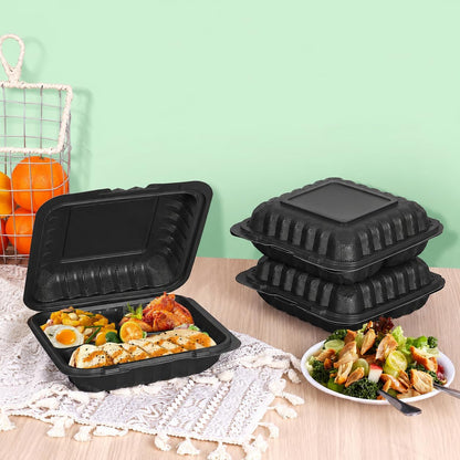 50Pack 8" X 8" 3-Compartment Clamshell To Go Food Containers With Secure Snap Lids - Heavy Duty Take out Containers Disposable To Go Plate For Carryout Meal Prep Catering (Black 3-Compartment)