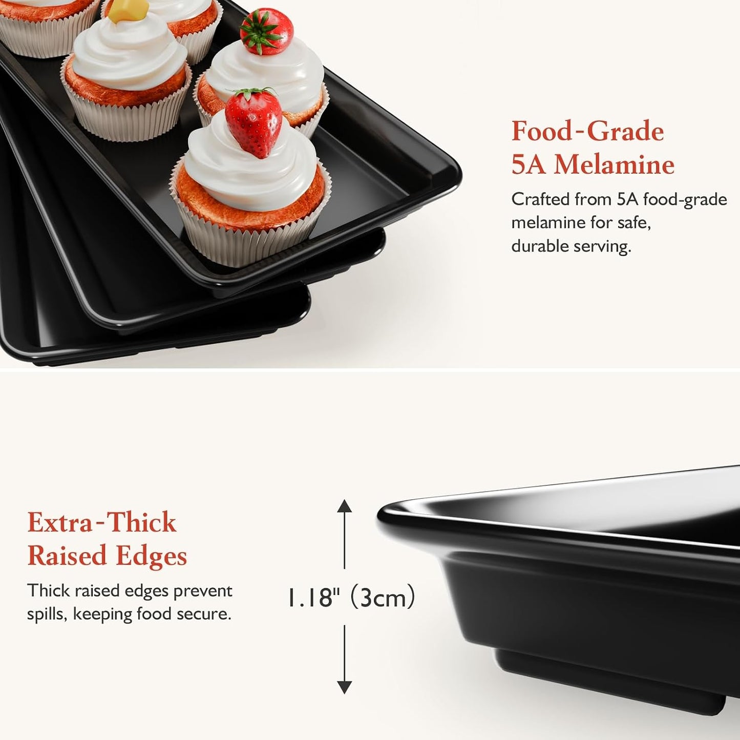 3-Tier Melamine Serving Tray Set, 11.5" x 5.6" Platters for Serving Food, Black Reusable Trays with Black Metal Display Stand for Cupcakes, Sevring Food, Dessert, Fruit, Cookie, Gold