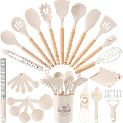 Astercook 39 PCS Kitchen Utensils Set, Silicone Cooking Utensil Sets with Wooden Handle, 446°F Heat Resistant Food Grade Spatula Set, BPA Free Kitchen Gadgets Tools Set & Spoons for Nonstick Cookware