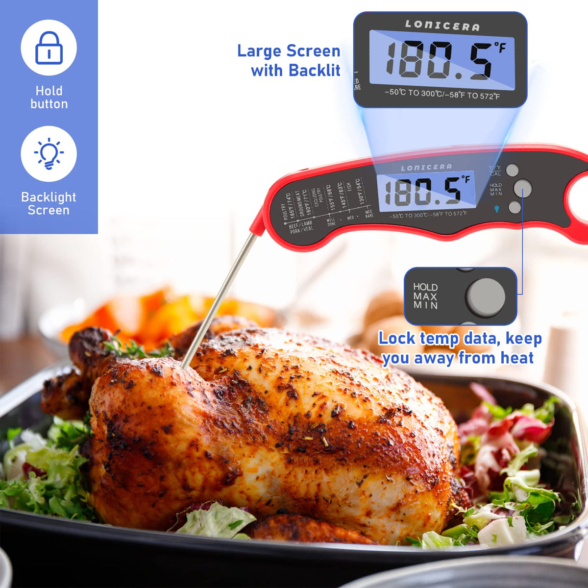 LONICERA Digital Meat Thermometer, 1-4 s Instant Read, Foldable Probe, Red