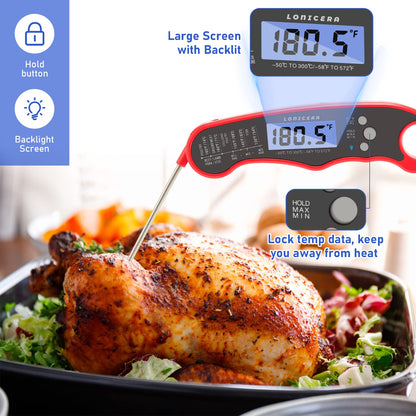 LONICERA Digital Meat Thermometer, 1-4 s Instant Read, Foldable Probe, Red