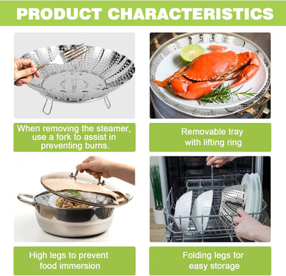 Vegetable Steamer Basket - Stainless Steel Folding Basket for Cooking, Vegetables, Fish, Pasta, Eggs, Fit Various Size Pot (5.5 inches to 9.2 inches)