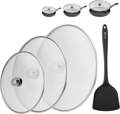 WRENYZK 3-Pack Grease Splatter Screen for Frying Pan with Spatula, Stainless Steel Splatter Guard with Fold Flat, No Burns Kitchen Oil Splatter Guard Set for Safe Cooking(10", 11.5", 13")