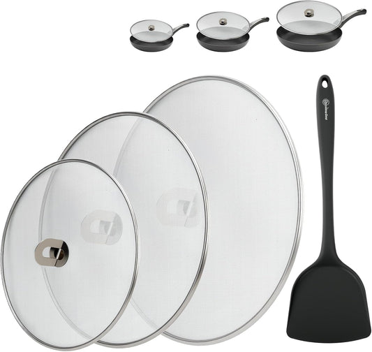 WRENYZK 3-Pack Grease Splatter Screen for Frying Pan with Spatula, Stainless Steel Splatter Guard with Fold Flat, No Burns Kitchen Oil Splatter Guard Set for Safe Cooking(10", 11.5", 13")