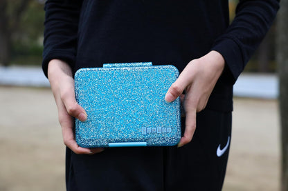 Yumbox Snack Box, 3 Compartments, Leakproof, Glitter Blue | Built-In Dip Well | Removable Compartment Tray | Easy-Open Single Latch | Lightweight & Compact | Perfect for Snacks & Sides