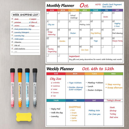 Dry Erase Magnetic Calendar for Refrigerator, 3 Pack- Monthly & Weekly & Daily Planner Magnet Whiteboard for Fridge Wall Door - Shopping, Meal/Menu, to Do List, Family Schedule Planning Board (C)