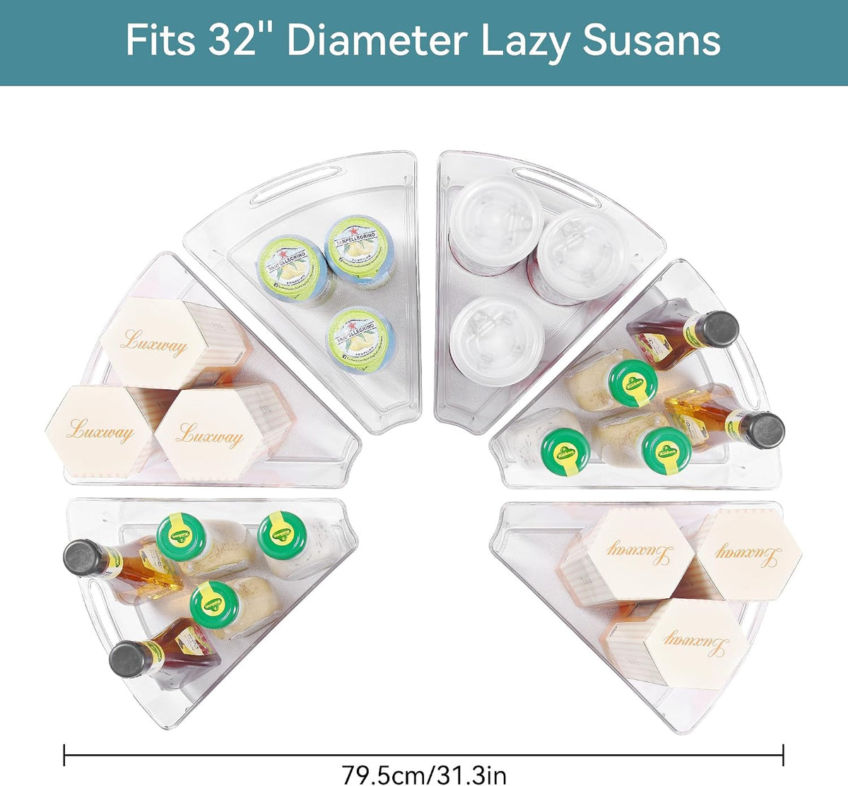 Oubonun Lazy Susan Organizers Set of 6, 11.6’’ x 10.2’’ x 4.1’' Plastic Transparent Kitchen Cabinet Storage Bins with Handle, 4.1" Deep Container, 1/8 Wedge - Food Safe, without BPA